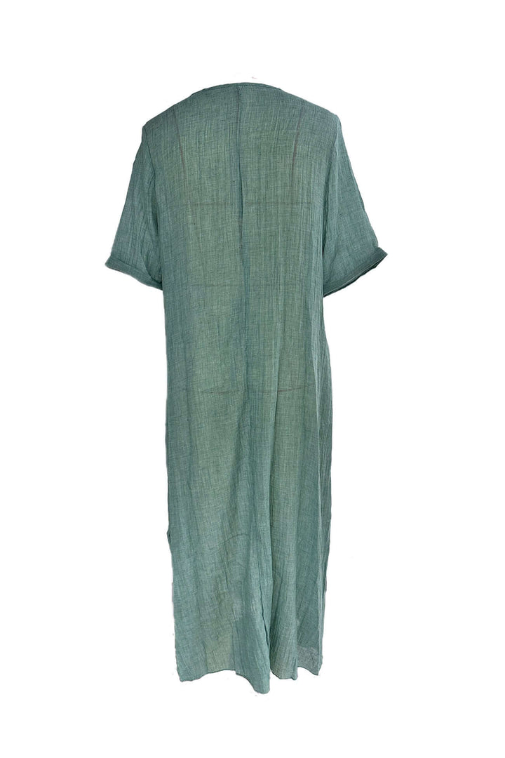 Lightweight Linen Midi Dress: V-Neck, Short Sleeves