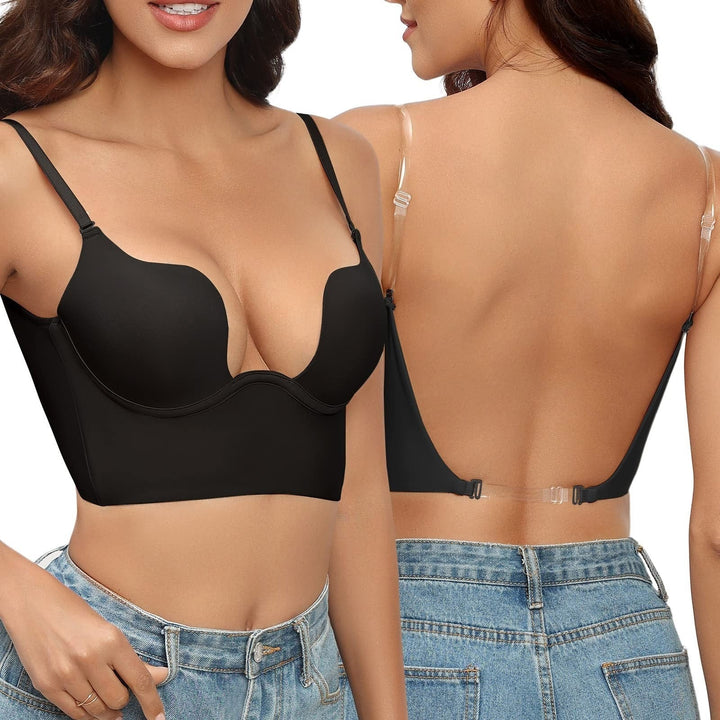 Backless bra for women with adjustable straps, breathable fabric, and elegant design for low-back dresses and tops.