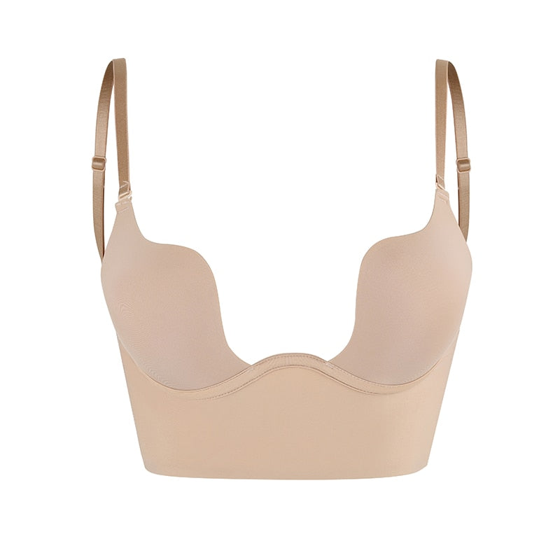 Backless bra for women with adjustable straps, breathable fabric, and elegant design for low-back dresses and tops.