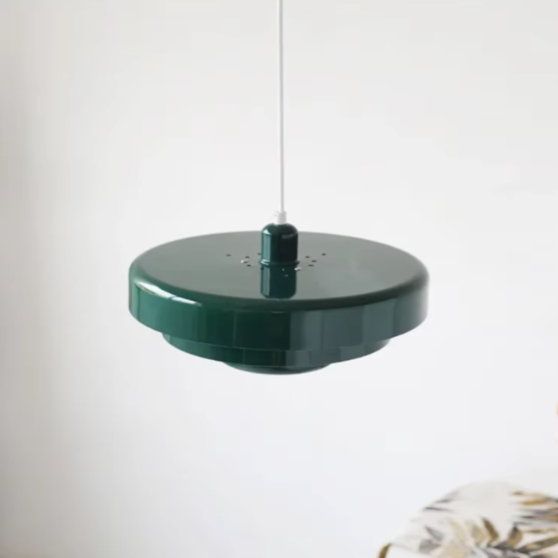 Bauhaus Metal LED Pendant Light in vibrant orange, green, and white with three-tier design illuminating a modern room.