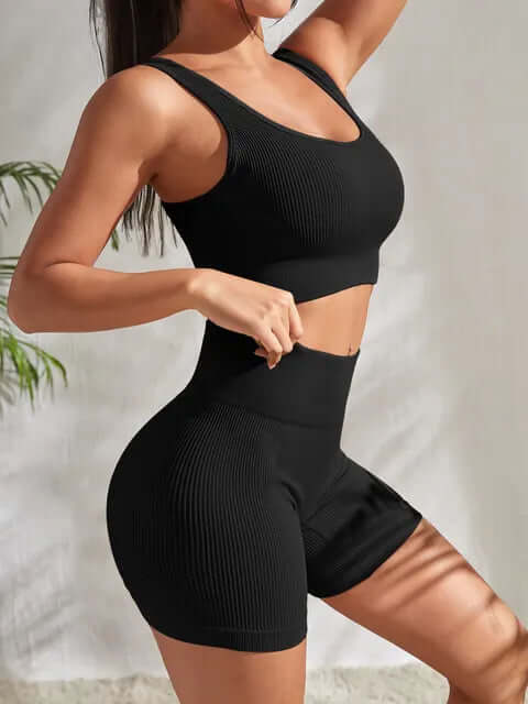 Women's Ribbed Yoga Set: Sleeveless Top & Shorts