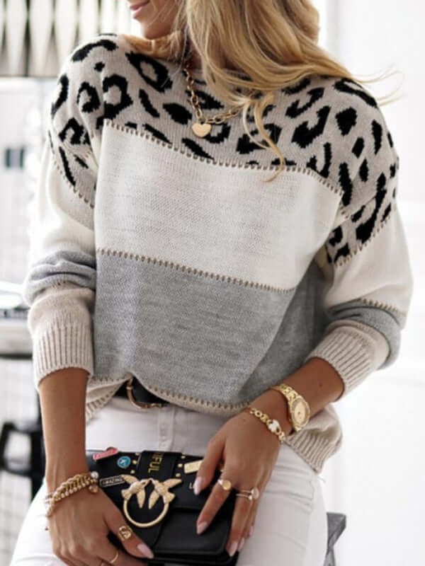Women's Leopard Print Knitted Sweater: Striped Casual Pullover