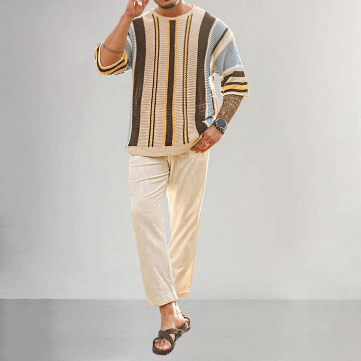 Men's Short Sleeve Striped Knit Sweater