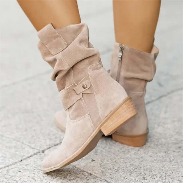 Women's Low Block Heel Ankle Boots with Side Zipper