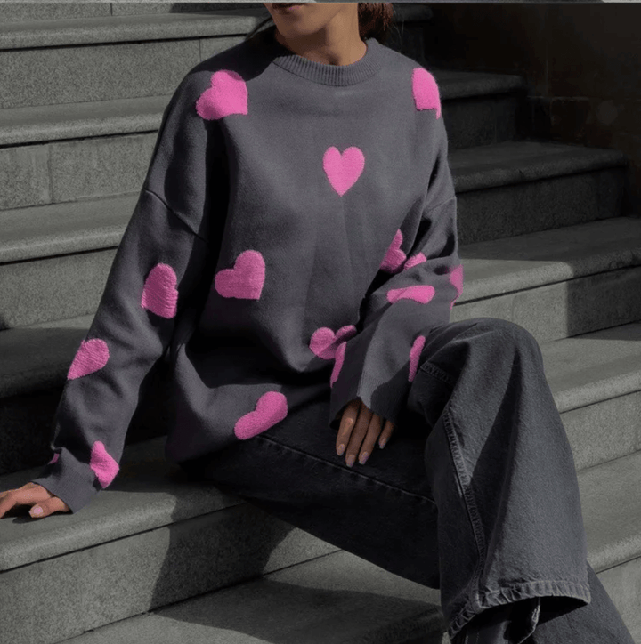 Women's Heart Print Loose Fit Sweater