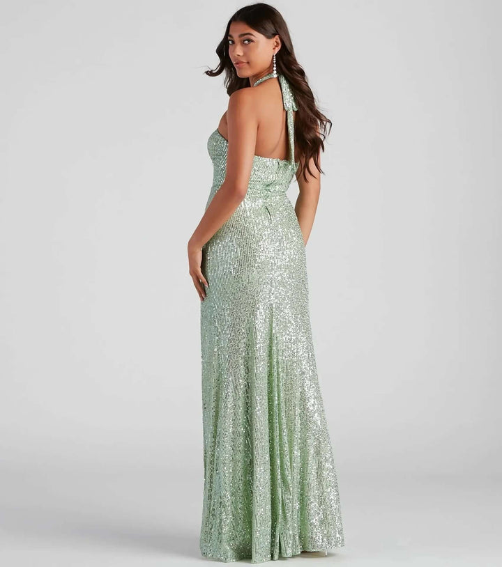 Sequin Halter Neck Evening Gown with Cut-Out & High Slit