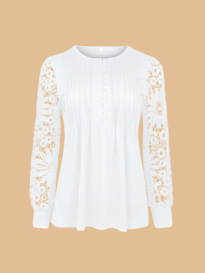 Women's Relaxed Fit Blouse: Lace Sleeves & Pintuck Detail