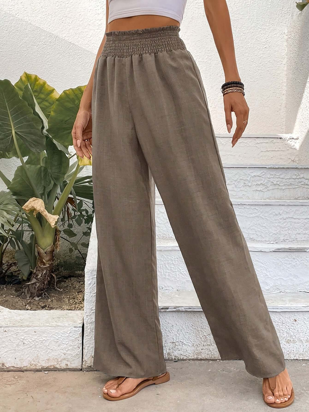 Women's High-Waisted Wide Leg Smocked Pants