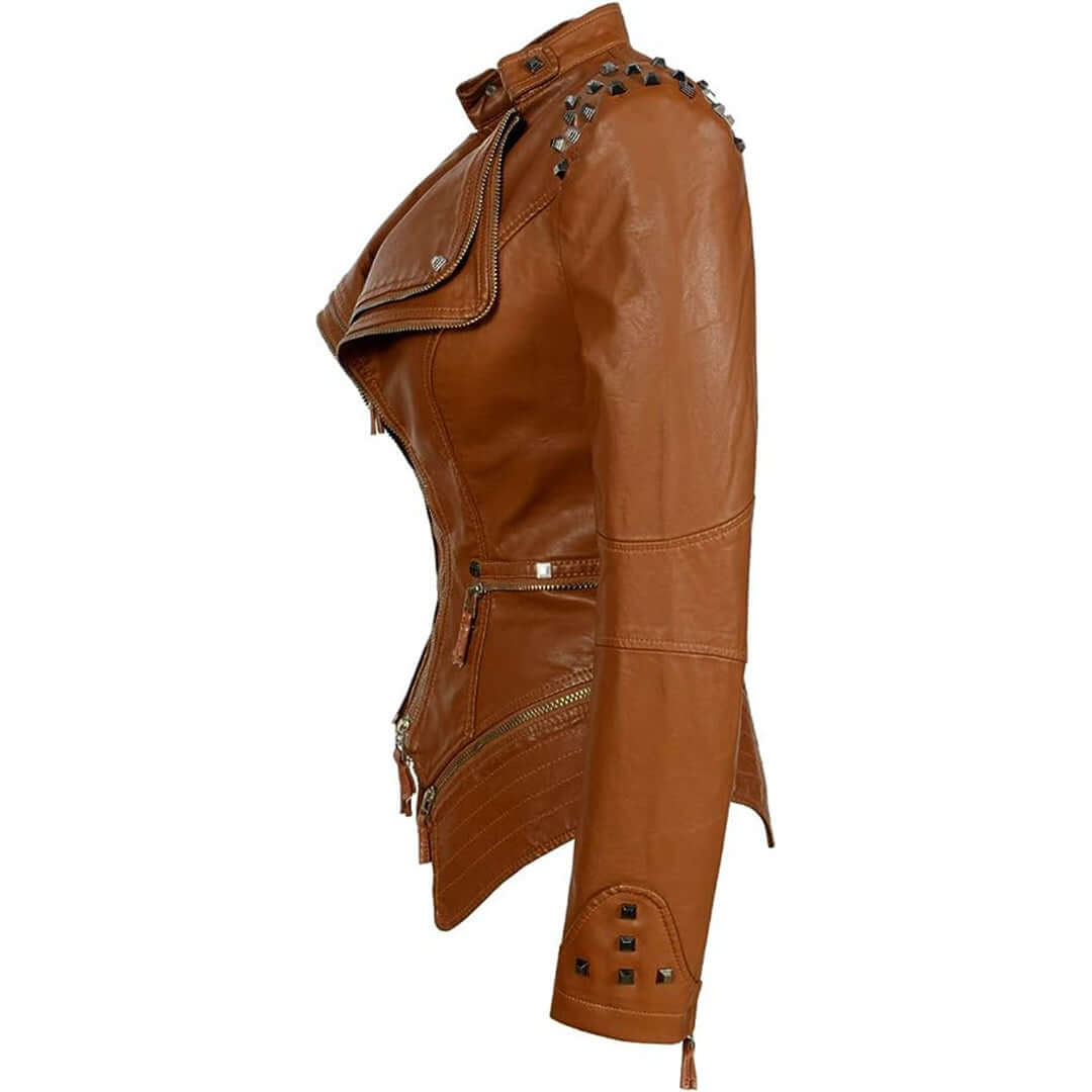 Women's Fitted Biker Leather Jacket with Studded Detail