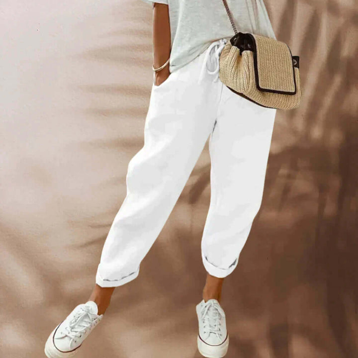 Women's Long Pants with Diagonal Pockets & Tie Belt