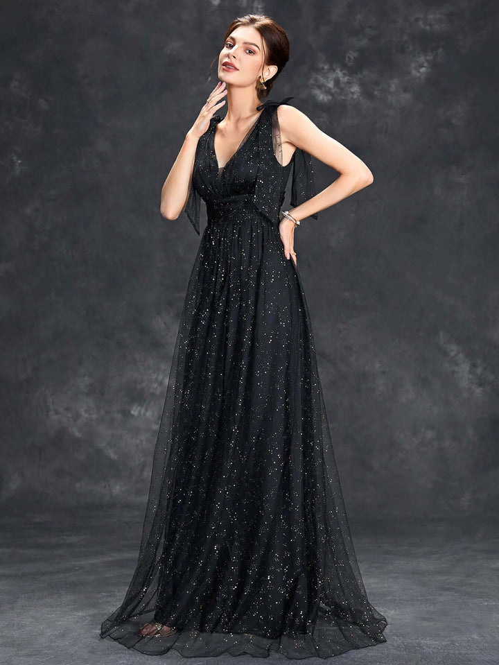 Elegant Floor-Length Evening Gown with Glitter