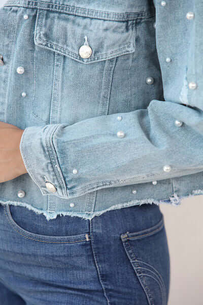 Women's Raw Hem Denim Jacket with Pearl Trim