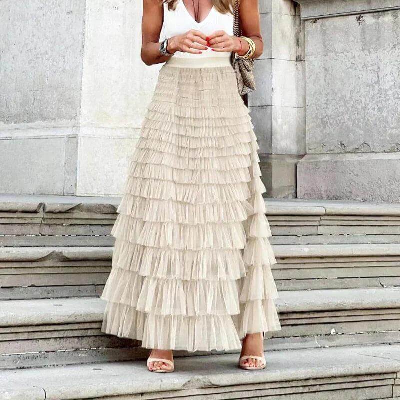 Elegant Pleated Mesh Midi Skirt: Women's Ruffle Detail Skirt