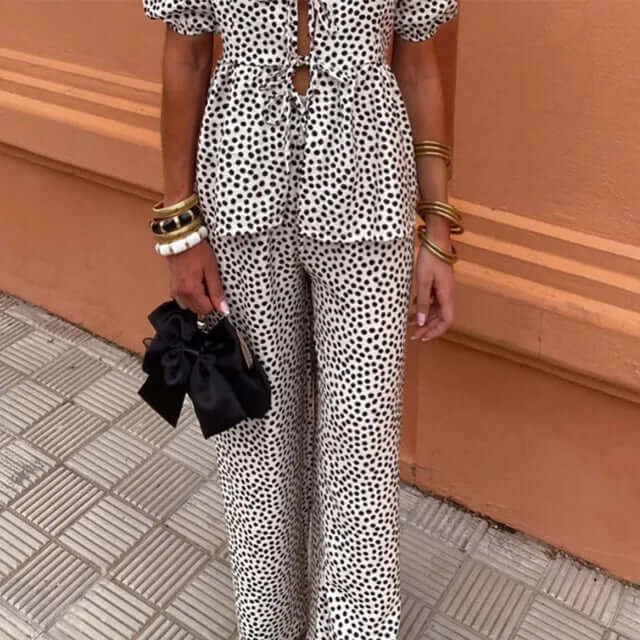 Women's Boho Chic Two-Piece Set: Puff Sleeve Top & Wide Leg Pants