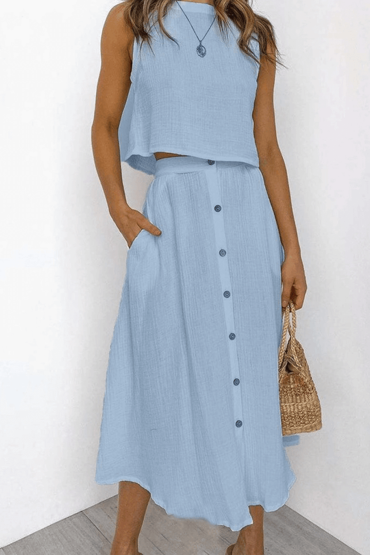Women's Relaxed Fit Round Neck Top & Midi Skirt Set