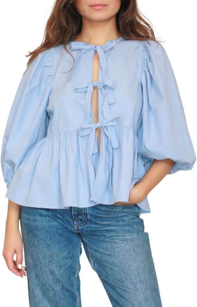 Women's Puff Sleeve Blouse with Bow Detail