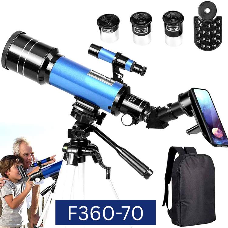 "Beginner-friendly telescope with tripod for stargazing, features 70mm aperture, 400mm focal length, portable and stable."