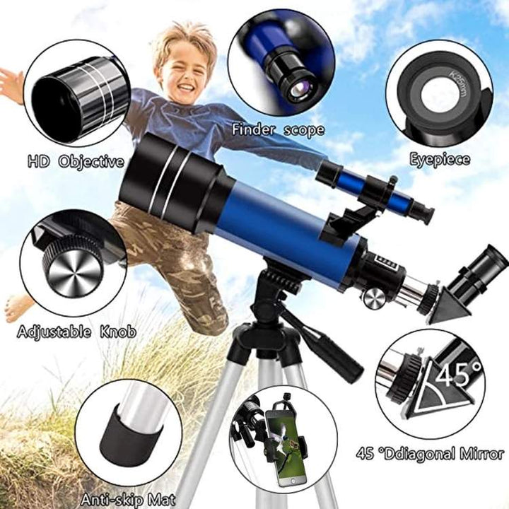"Beginner-friendly telescope with tripod for stargazing, features 70mm aperture, 400mm focal length, portable and stable."