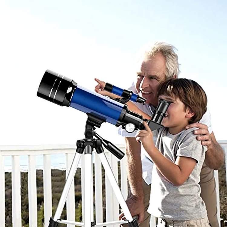 "Beginner-friendly telescope with tripod for stargazing, features 70mm aperture, 400mm focal length, portable and stable."