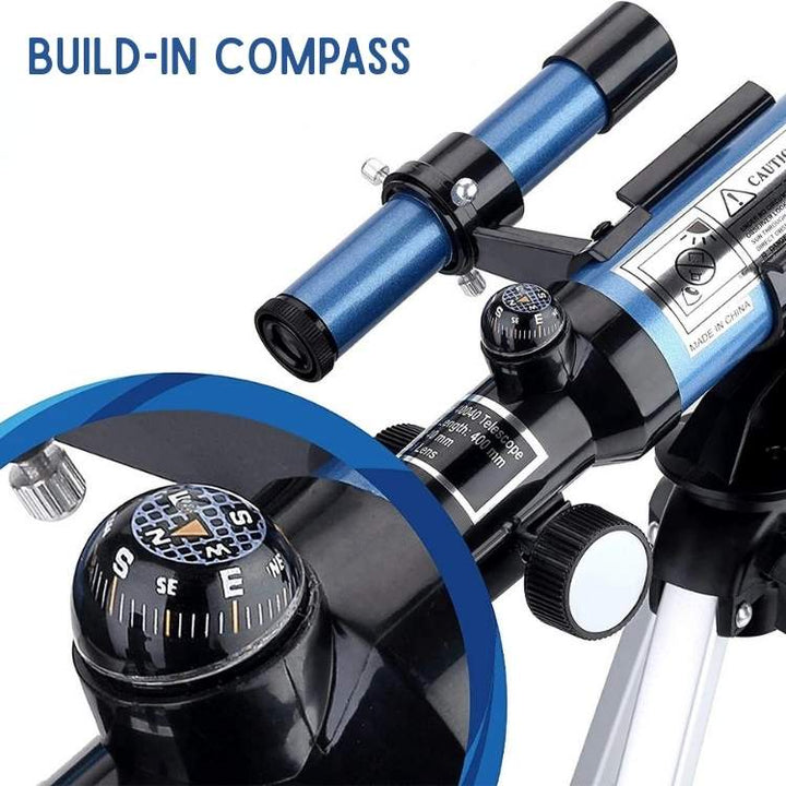 "Beginner-friendly telescope with tripod for stargazing, features 70mm aperture, 400mm focal length, portable and stable."