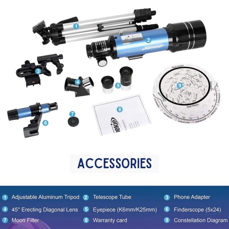"Beginner-friendly telescope with tripod for stargazing, features 70mm aperture, 400mm focal length, portable and stable."