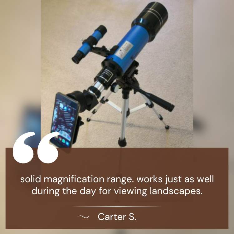 "Beginner-friendly telescope with tripod for stargazing, features 70mm aperture, 400mm focal length, portable and stable."