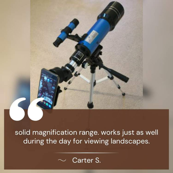 "Beginner-friendly telescope with tripod for stargazing, features 70mm aperture, 400mm focal length, portable and stable."