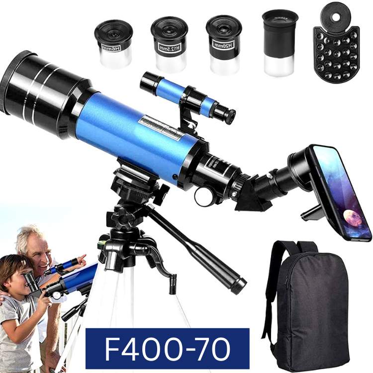 "Beginner-friendly telescope with tripod for stargazing, features 70mm aperture, 400mm focal length, portable and stable."