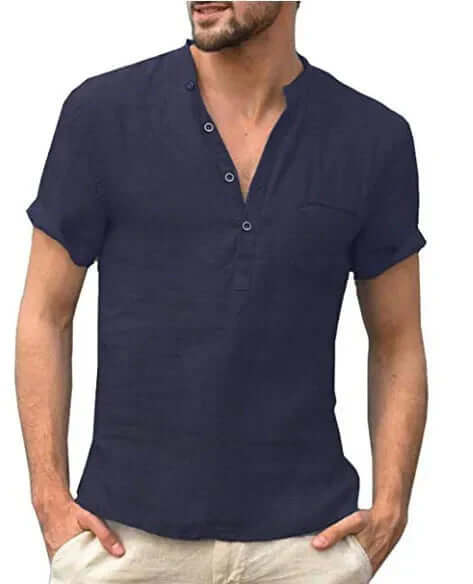 Men's Breathable Linen Shirt: Mandarin Collar, Short Sleeves