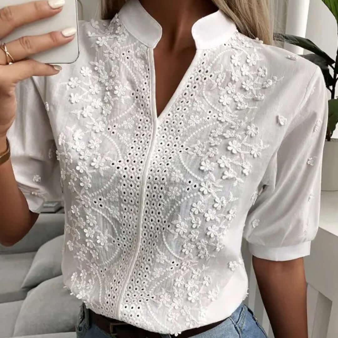 Women's Cotton Blouse: Embroidered, Mandarin Collar