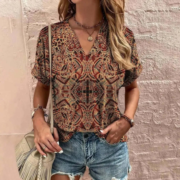 Women's Relaxed Fit V-Neck Blouse: Breathable Short Sleeve Top