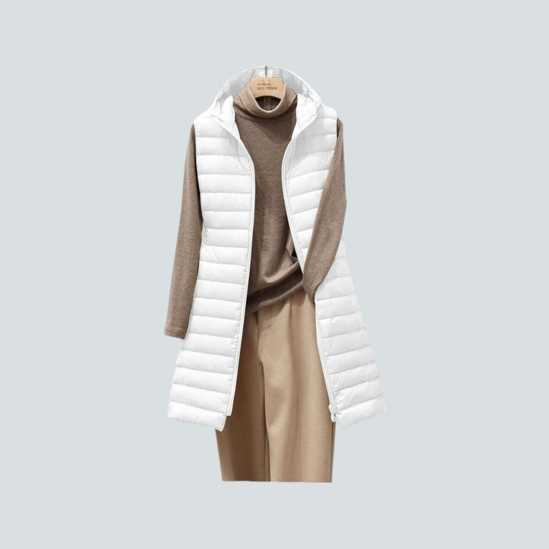Women's Long Quilted Hooded Vest: Warm Insulated Sleeveless Jacket