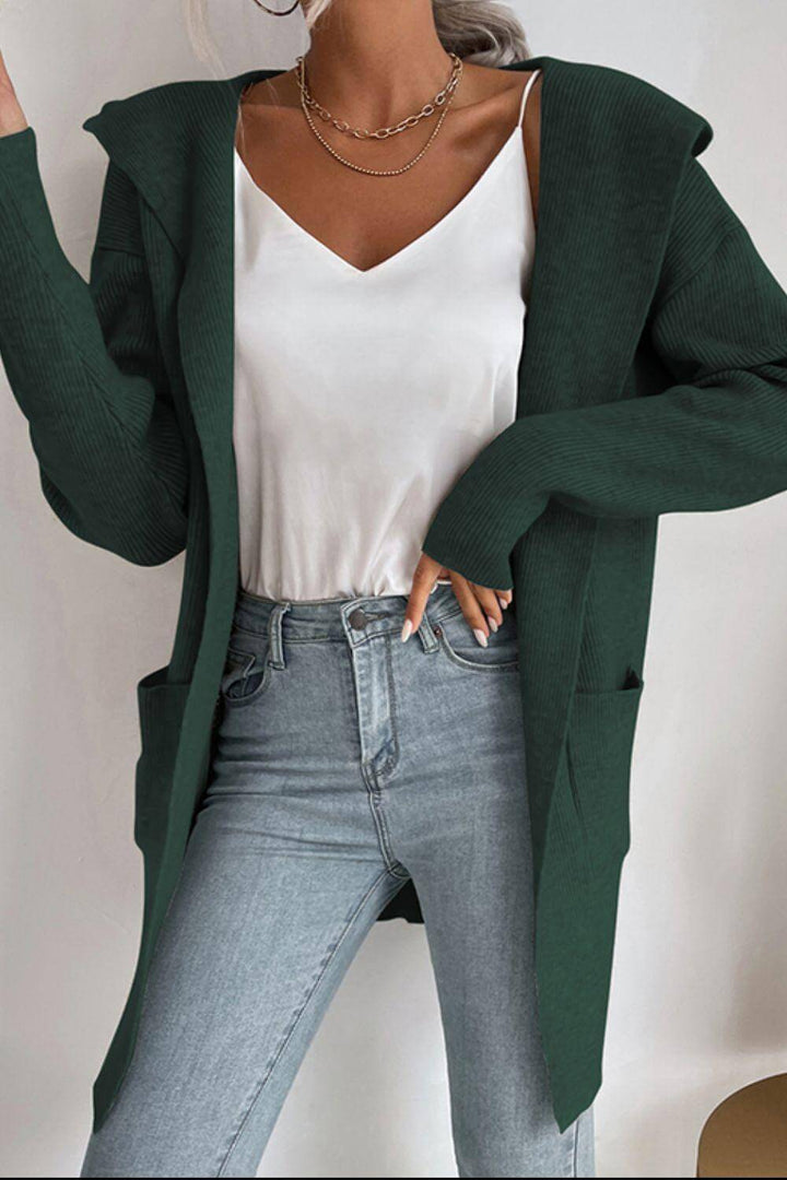 Women's Hooded Ribbed Cardigan: Cozy & Stylish Open-Front Knit