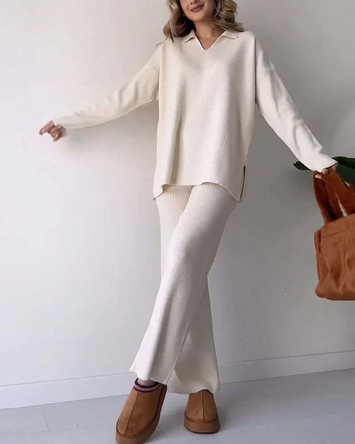 Women's Knit Loungewear Set: V-Neck & Flared Pants