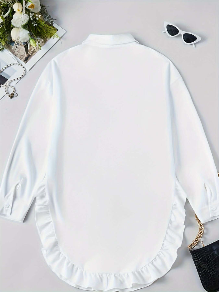 Women's Relaxed Fit Long Sleeve Shirt Dress with Ruffle Hem