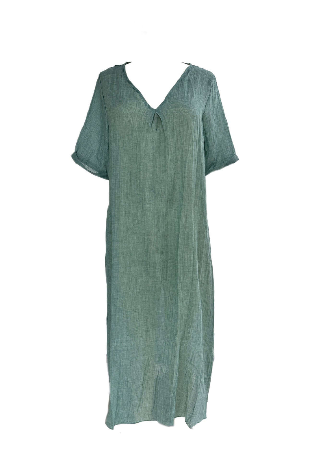 Lightweight Linen Midi Dress: V-Neck, Short Sleeves