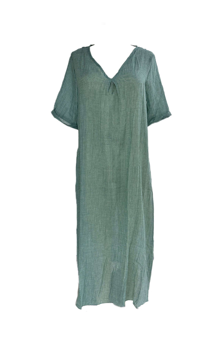 Lightweight Linen Midi Dress: V-Neck, Short Sleeves