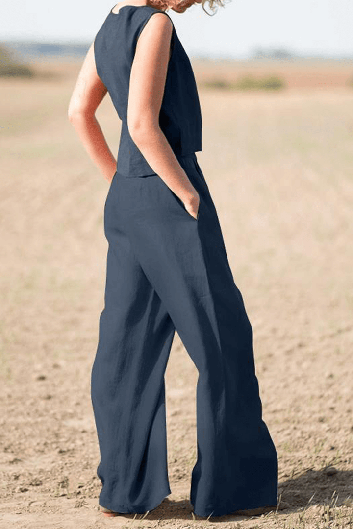 Women's Casual Loose Round Neck Top & Wide Leg Pants Set