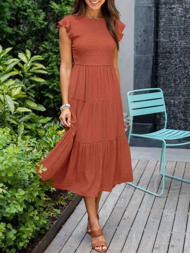 Women's A-Line Midi Dress with Flutter Sleeves