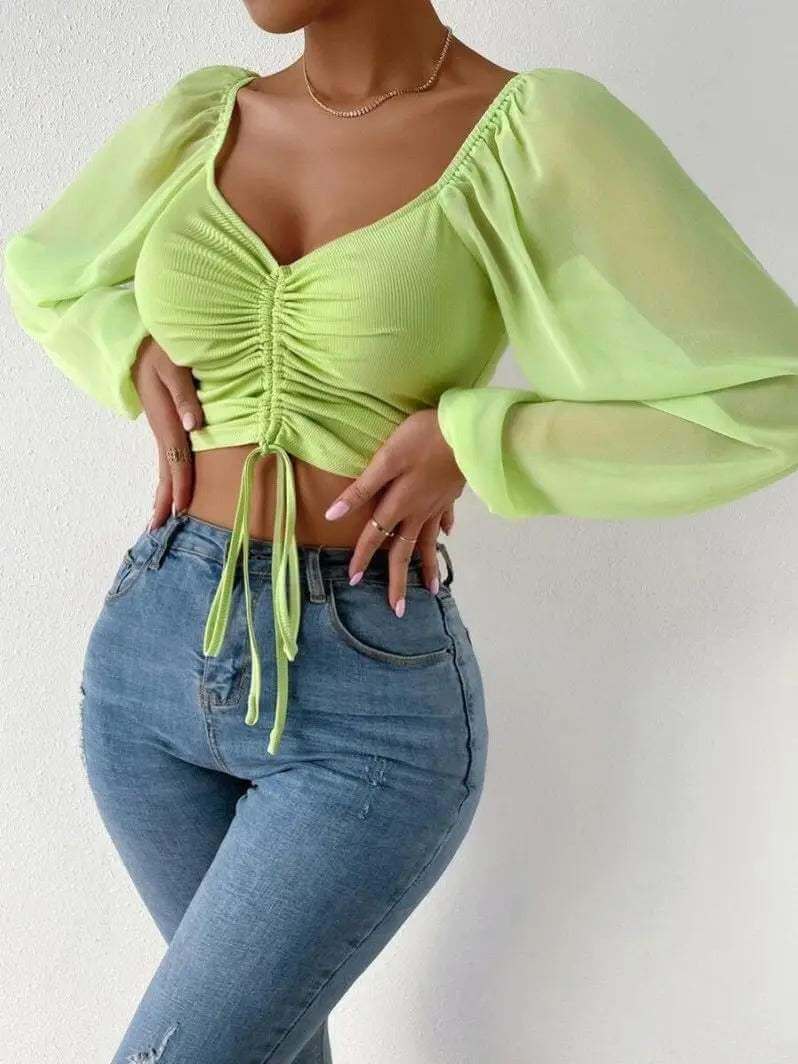 Women's Long Sleeve Cropped Top: Sweetheart Neckline & Ruched Detail