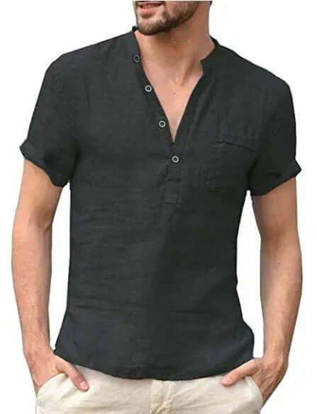 Men's Breathable Linen Shirt: Mandarin Collar, Short Sleeves