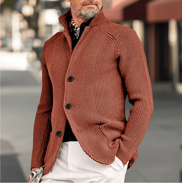 Men's Ribbed Knit Cardigan: Tailored Fit, High Collar