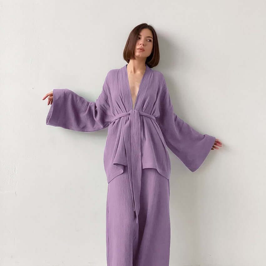Women's Summer Two-Piece Set: V-Neck Top & Wide Leg Trousers