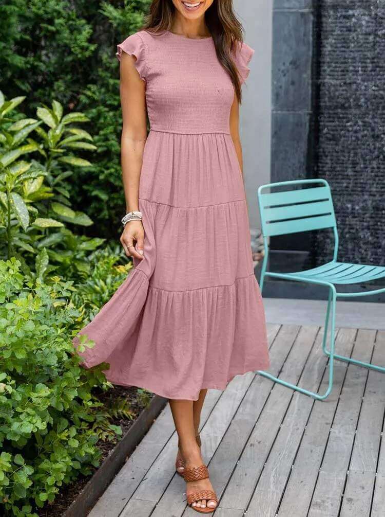 Women's A-Line Midi Dress with Flutter Sleeves