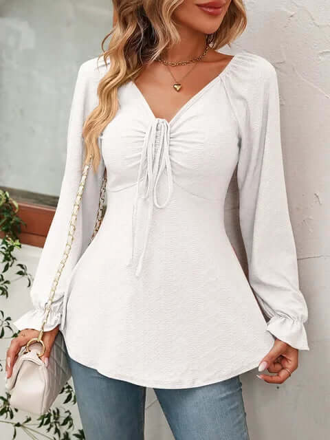 Women's V-Neck Textured Top with Flared Sleeves