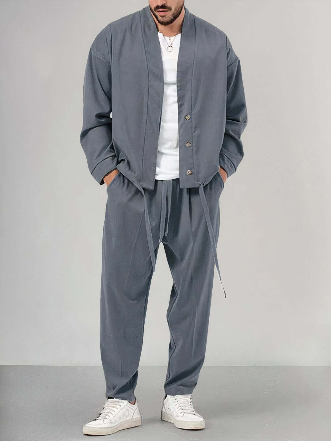 Men's Relaxed Kimono Jacket & Trousers Set: Breathable Cotton Blend