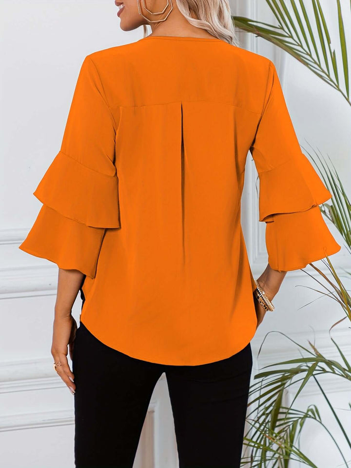 Women's Ruffle Sleeve Blouse - Round Neck, Regular Fit
