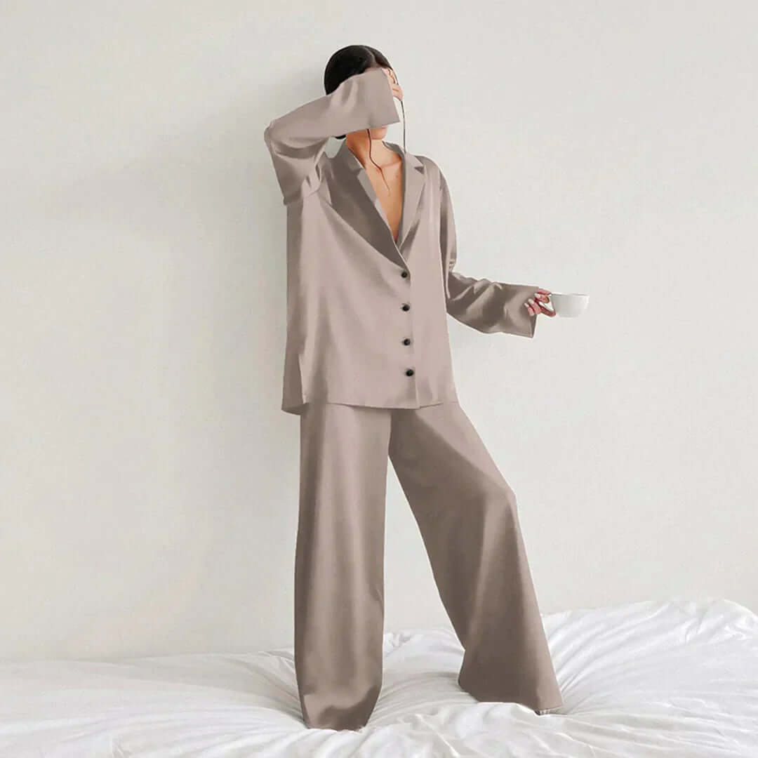 Women's Relaxed Fit Lounge Set: Soft Shirt & Wide Leg Pants