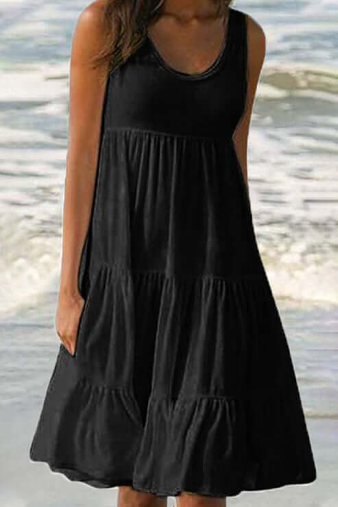 Tiered Cake Skirt Dress: Patchwork, Round Neck