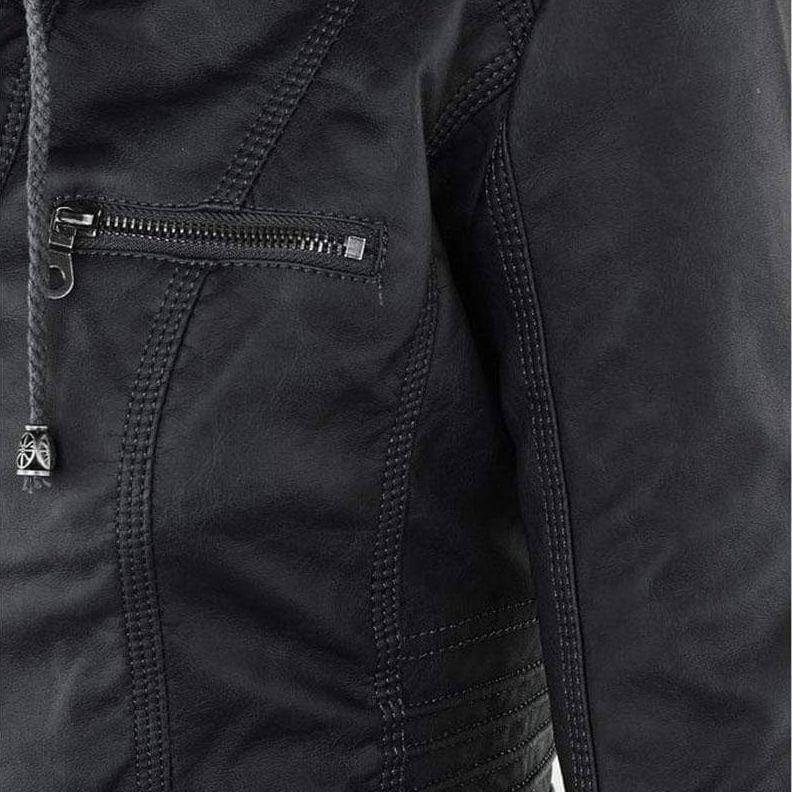 Women's Hooded Zip-Up PU Leather Jacket
